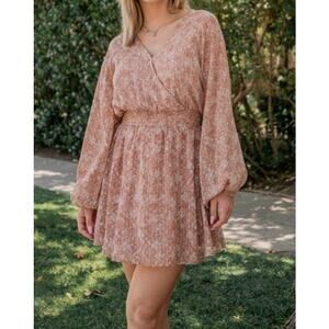 Rokoko by Dazz NWOT Boutique Pink Textured Floral Autumn Long Sleeve Mini Dress